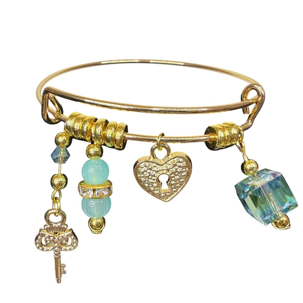 Gold Tone Adjustable Bangle Charm Bracelet Key Heart Lock Aqua Crystal Beads